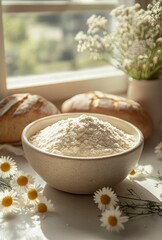 Bowl of Flour with Fresh Bread and Daisies by the Window  
