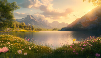 Serene Mountain Lake Sunset Landscape With Wildflowers