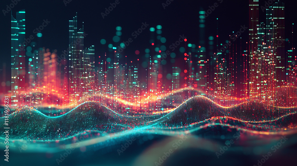Poster digital landscape with futuristic data visualization and glowing abstract lights