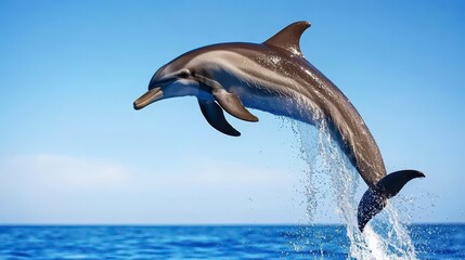 Obraz premium Dolphin jumping in ocean waters marine environment wildlife photography vibrant blue sky dynamic action shot for nature enthusiasts