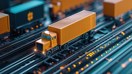 A miniature orange truck transporting a container on a railway track surrounded by other cargo containers, showcasing a bustling logistics environment.