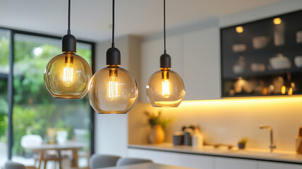 A close-up shot of contemporary glass pendant lights with a soft amber glow, hanging over a sleek white kitchen island with bar stools