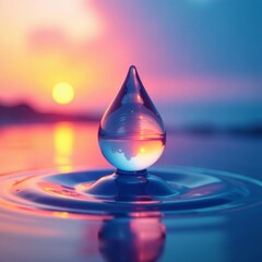 Fototapeta premium Oil droplet suspended in mid-air, surrounded by vibrant water and sky colors , water, oil droplet, sky
