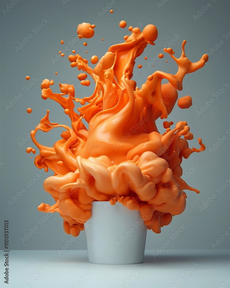 Poster captivating orange fluid erupting and coalescing on a stark white surface creating a dynamic abstrac