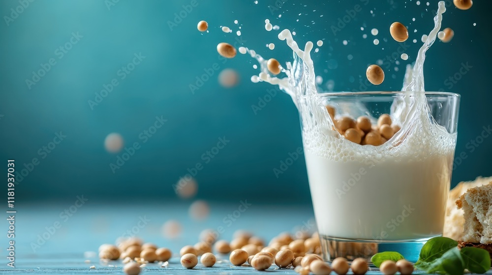 Poster a dynamic capture of soy milk splashing from a glass with soybeans scattered around, evoking freshne