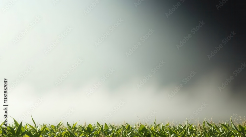 Poster a close-up view of green grass under soft lighting, creating a serene atmosphere with a blurred back