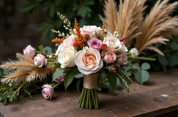 Boho style wedding d&eacute;cor, close-up of the bride's bouquet on a rustic wooden table decorated with dried flowers against the background of a cozy wedding setting