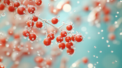A close-up shot of vibrant red berries dusted with snow, set against a soft blue winter background