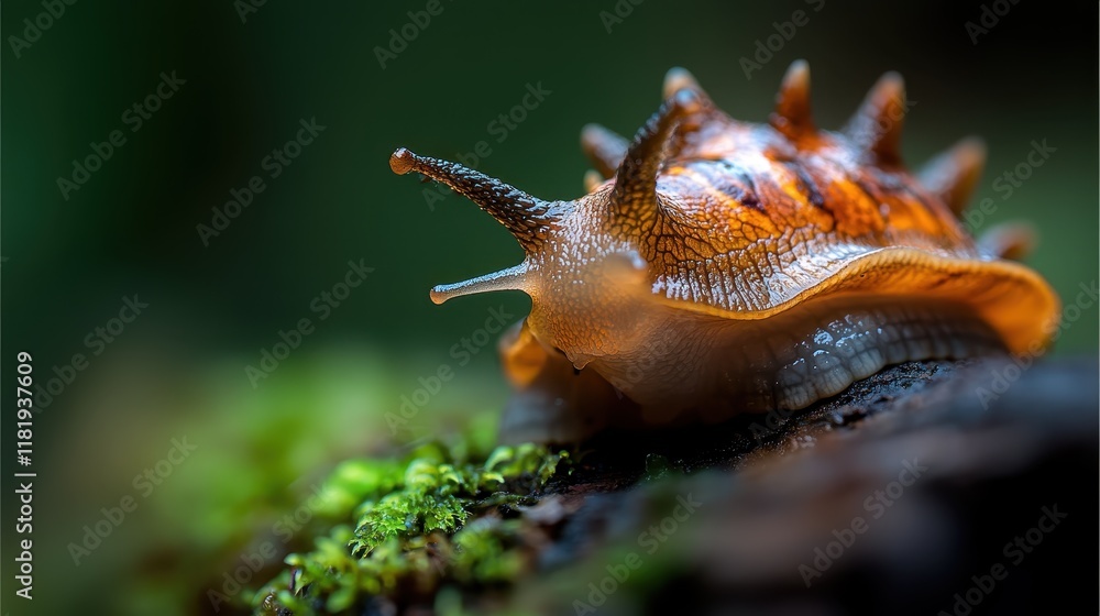 Poster an artistic shot of a snail with a textured shell gliding over a moss-covered log, capturing the bea