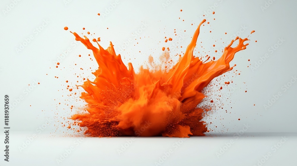 Poster energetic orange fluid eruption captured on a crisp white surface highlighting bold color and dynami