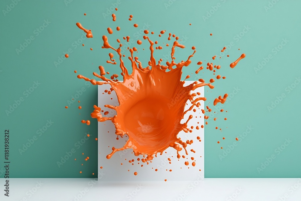 Poster powerful orange fluid splash dramatically captured on a crisp white surface creating a visually stun