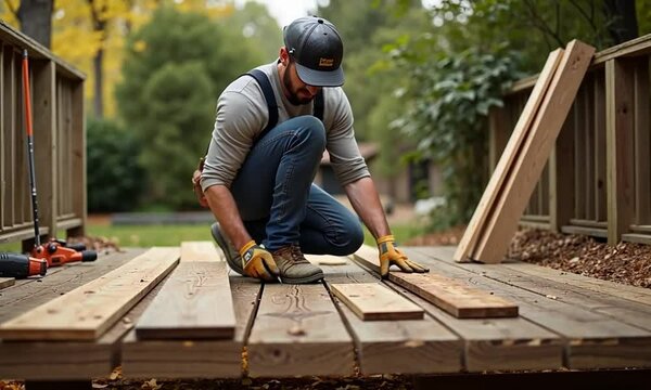 A construction worker carpenter building a wooden deck, showcasing craftsmanship, skill, and the art of modern construction
