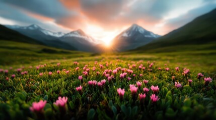 A vibrant field of blooming pink flowers dances in the sunlight, creating a visually striking scene with majestic mountains beautifully framed in the background.