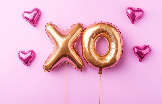 Gold foil balloon in the shape of "XO" on a pastel purple background, top view. Minimal concept for Valentine's Day and party decoration. High-quality photo. 