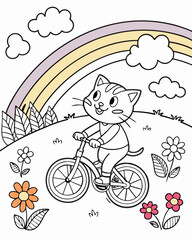 cat riding a bike, rainbow and flowers coloring page.Printable for Kids.