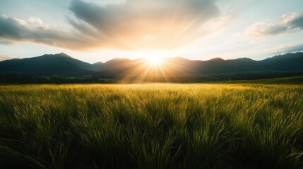 The sunlight shimmering over lush green fields creates a picturesque scene, showcasing the beauty of nature and the tranquility that comes with bright, clear mornings.