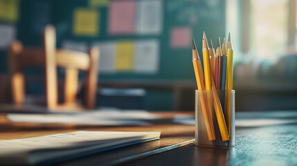 Colored Pencils in Holder on Desk Beside Notebook