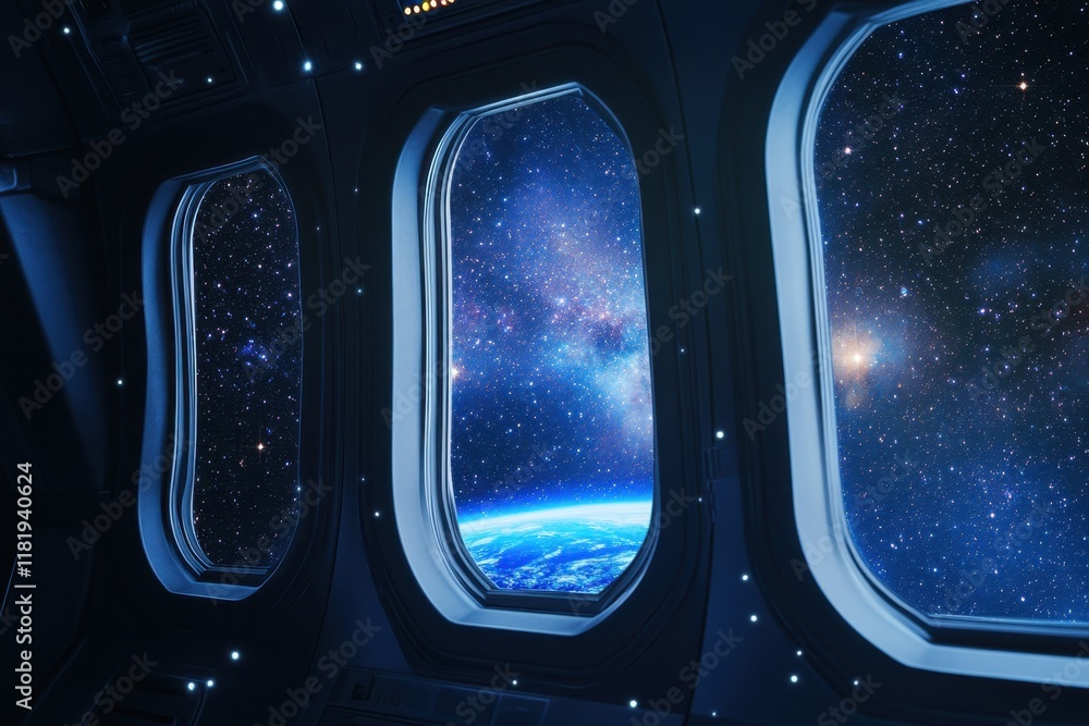 Poster view of earth from a spacecraft window in deep space during a cosmic journey