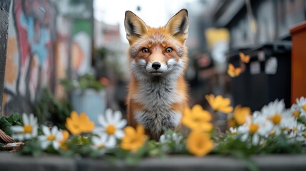 Naklejka premium An adorable fox stands surrounded by cheerful flowers, embodying the essence of wildlife and nature against a backdrop that reflects artistic charm and liveliness.