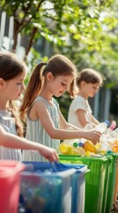 Elementary school students practicing eco friendly habits by sorting plastic bottles into colorful recycling bins, promoting sustainability and environmental awareness in a playful and engaging way