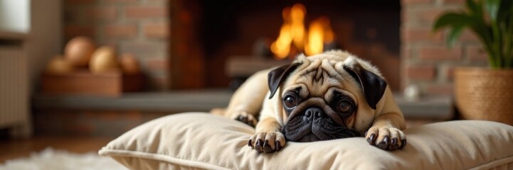 Pug puppy lounging on plush cushion near fireplace, plush, gentle glow, puppy