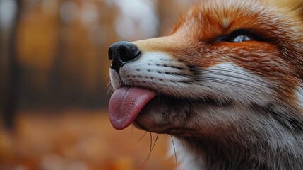 Naklejka premium Close-Up of a Red Fox with Tongue Out in Autumn Forest with Soft Focus Background