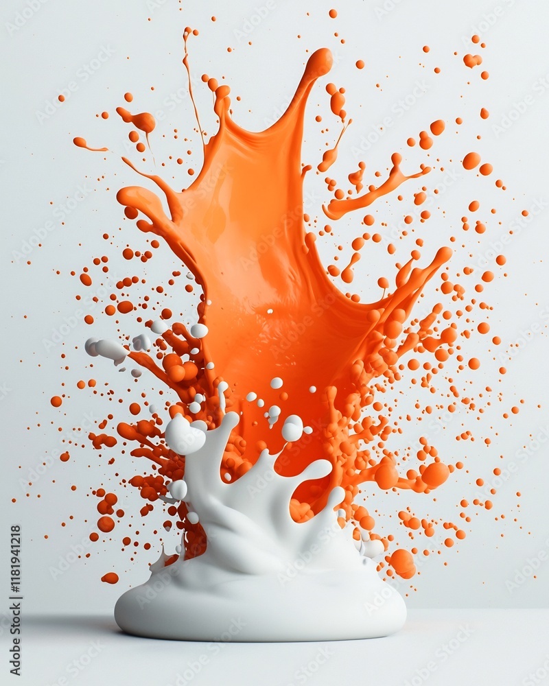 Poster captivating orange fluid erupting and coalescing on a stark white surface creating a dynamic abstrac