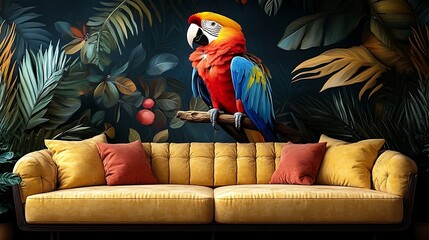 Tropical Parrot Mural Adorns Yellow Velvet Sofa