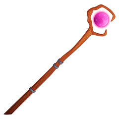 Wizard magic wooden staff. Fantasy sorcerer stick with glow crystal. Cartoon illustration isolated on white.