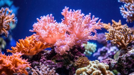 Naklejka premium A vibrant underwater scene showcasing various colorful coral species thriving in a blue ocean environment.