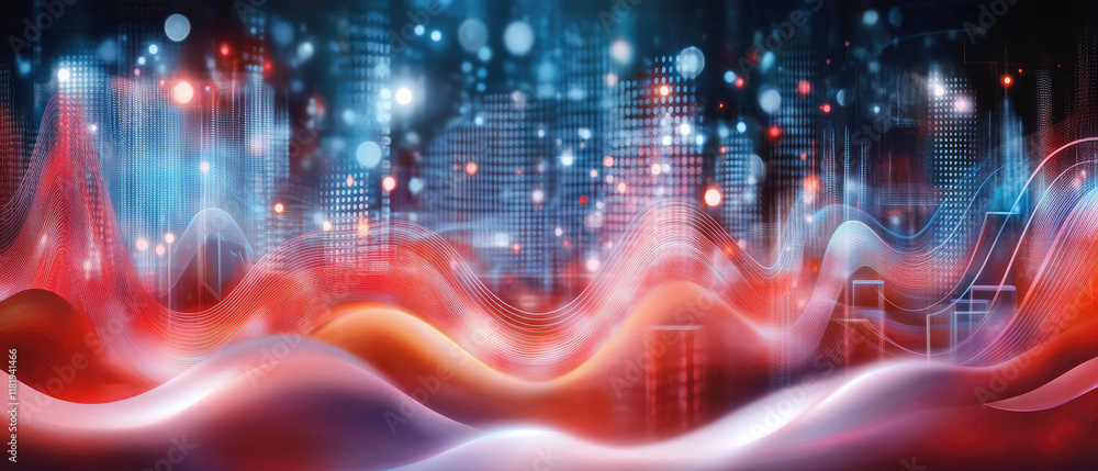 Poster vibrant abstract waves with glowing lights and digital patterns