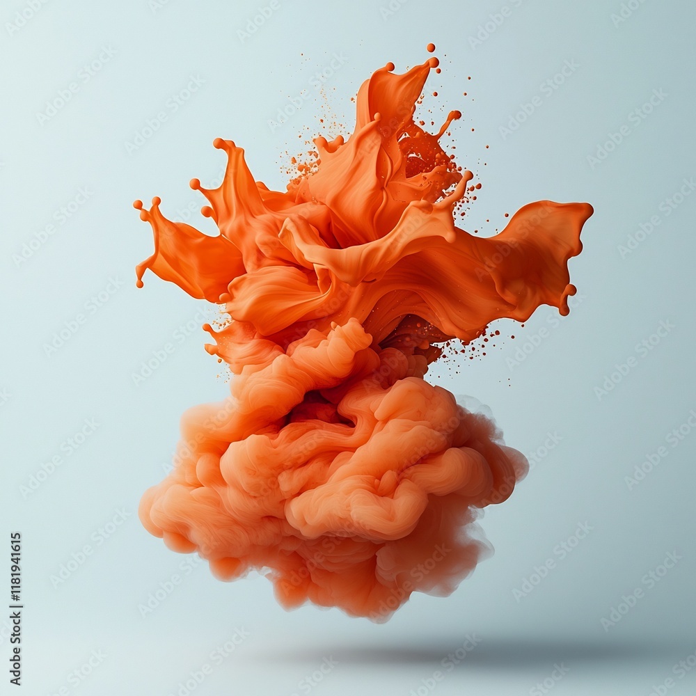 Poster dynamically flowing orange fluid forms freely floating and interacting on an immaculate white backdr
