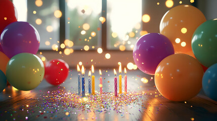 Indoor birthday bash featuring colorful balloons, glowing candles and bursts of shimmering confetti on the floor