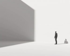 Obraz premium Conceptual Illustration of Solitude and Reflection with a Single Figure in a Minimalist Space