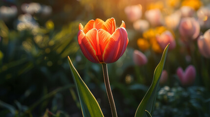 Fototapeta premium Vibrant orange tulip bathed in warm sunlight during spring bloom