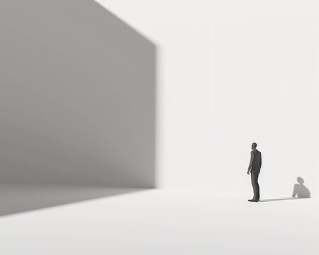 Conceptual Illustration of Solitude and Reflection with a Single Figure in a Minimalist Space