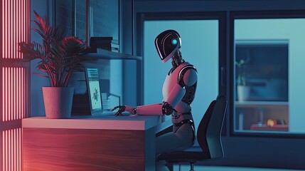Humanoid robot interacting with a woman in a modern office. Artificial intelligence in professional environments. Technology, robotics, and innovation themes. Generative by AI.