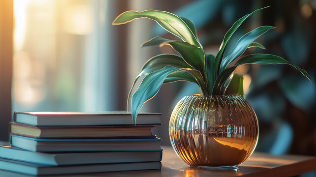 A decorative glass pot with Aureum, placed next to a stack of books on a shelf, creating a sophisticated and elegant vibe