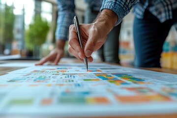 A hand holding a pen hovers over a colorful document filled with charts and data in a workspace.