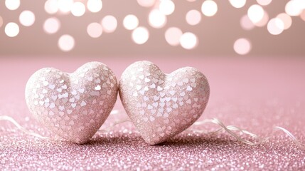 Obraz premium Two shimmering pink hearts sit on a sparkling background, evoking feelings of love and romance with soft bokeh lights in the backdrop.