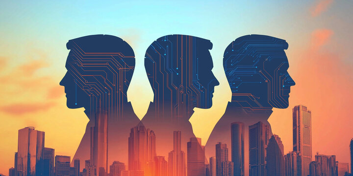 Modern silhouettes of faceless people against vibrant city skyline, symbolizing technology and innovation. image captures blend of urban life and digital transformation