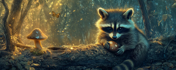 Obraz premium Adorable raccoon sitting on log with tiny mushroom, surrounded by magical forest atmosphere. soft light creates whimsical and enchanting scene