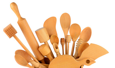 Set of wooden kitchen utensils isolated on white.