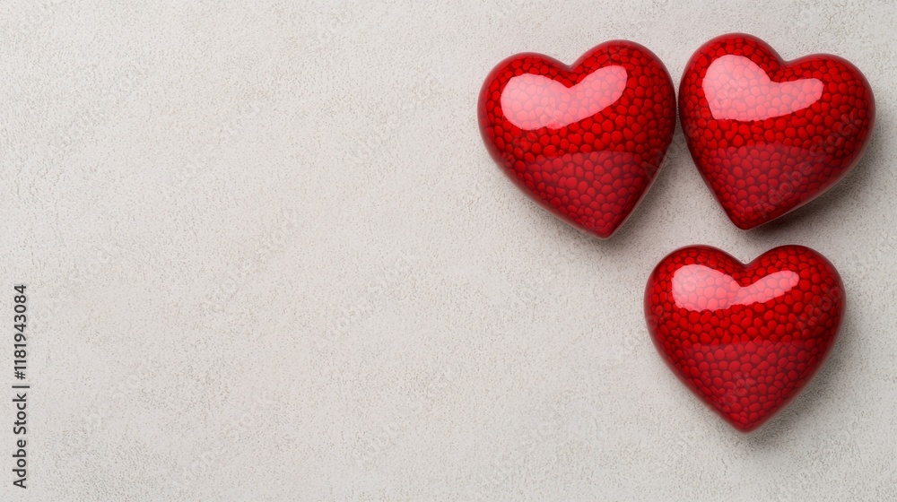Poster 3d render three glossy red hearts are placed on a soft surface, symbolizing love and affection in a 