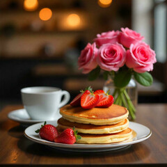 romantic breakfast pancakes with berries