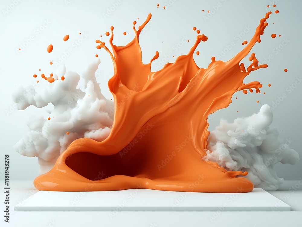 Poster captivating orange liquid explosion cascading dynamically across a pristine white backdrop creating 