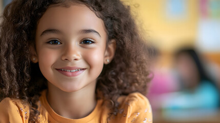 A Young Girl With Curly Hair Smiles Happily