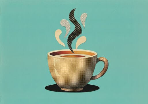 Retro-style coffee cup with rising steam on a teal background. suitable for cafe decor or vintage advertising themes.
