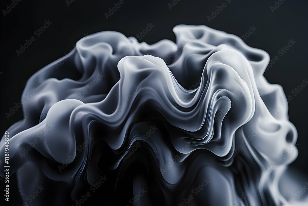 Poster abstract grayscale image of flowing, swirling shapes resembling smoke or liquid, creating a dynamic 