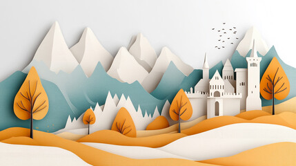 Fototapeta premium Beige Paper-Cut Landscape with Mountains, Castle, Trees, and Buildings